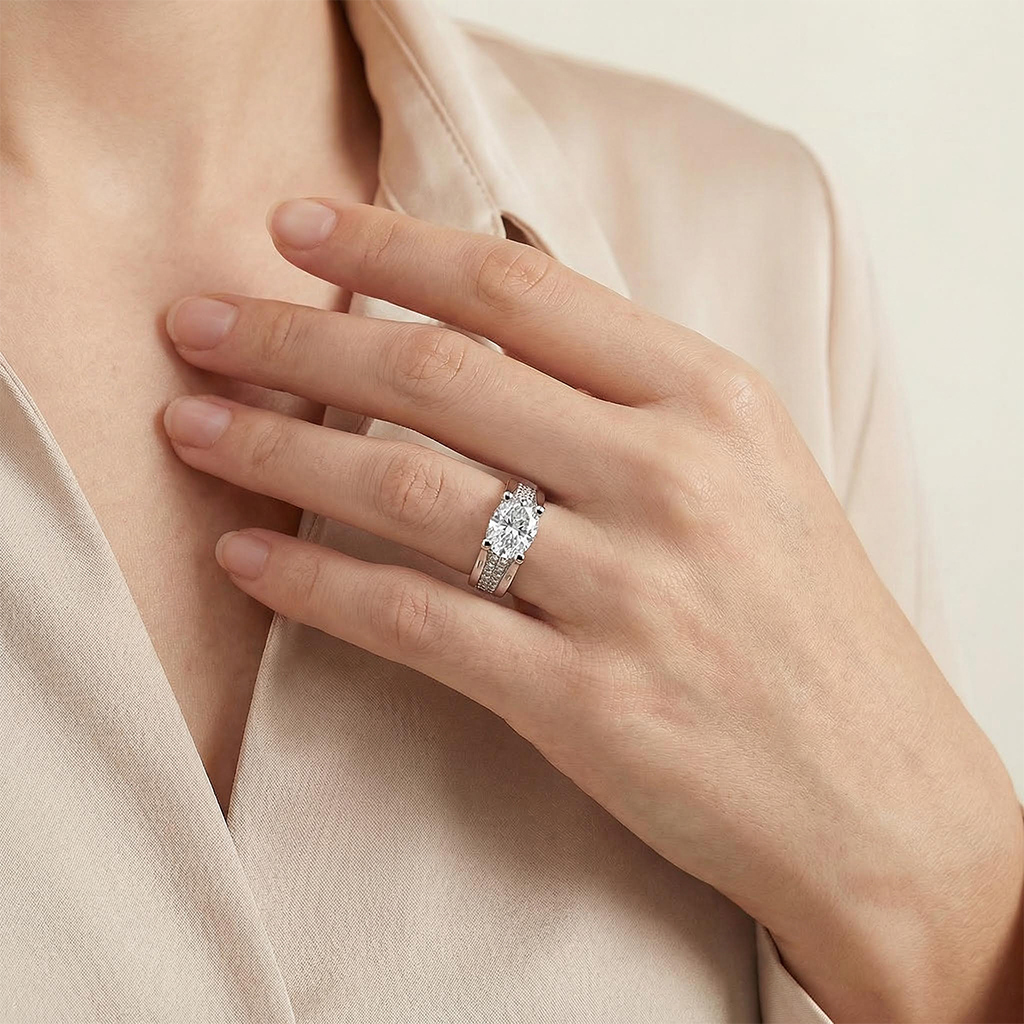 3.42ct TCW Unique Oval Cut Engagement Ring In Silver