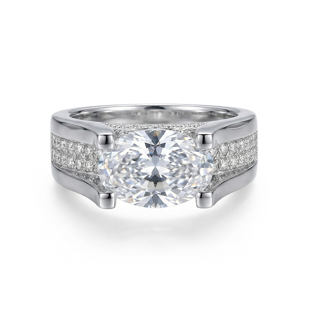 3.42ct TCW Unique Oval Cut Engagement Ring In Silver
