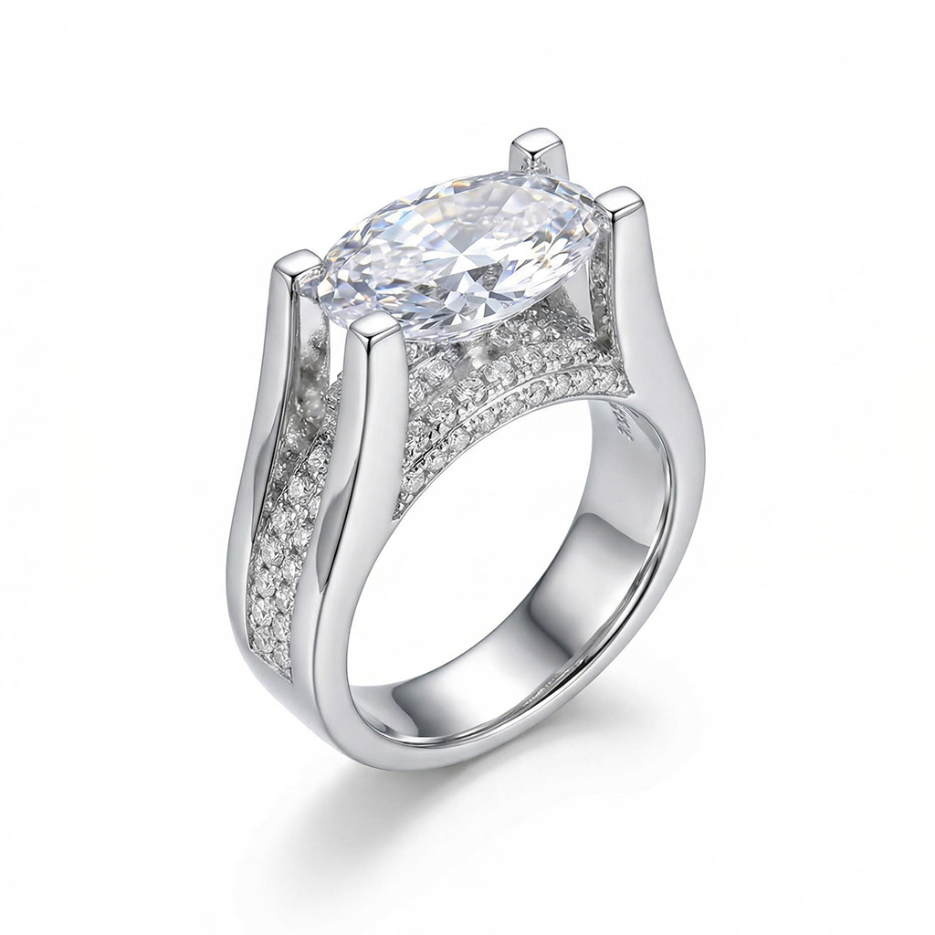 3.42ct TCW Unique Oval Cut Engagement Ring In Silver
