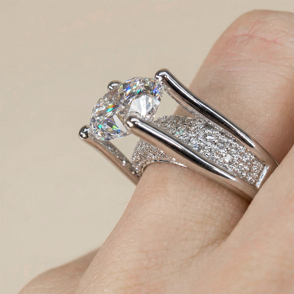 3.42ct TCW Unique Oval Cut Engagement Ring In Silver