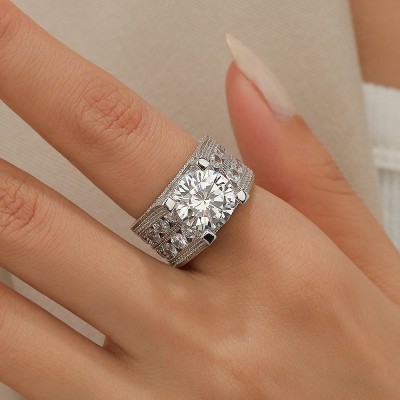 3 ct Brilliant Round Cut Micro Pave Wide Band in Silver