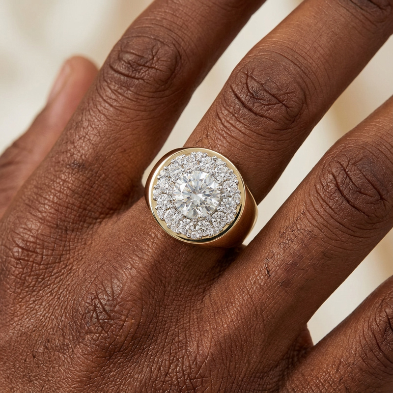 Round Cut Diamond Paved Signet Ring