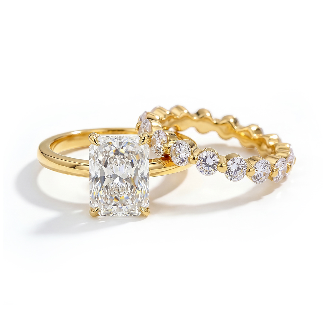 Radiant Cut Solitaire Engagement Ring with Round Cut Band Ring Set