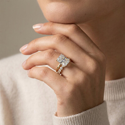 Radiant Cut Solitaire Engagement Ring with Round Cut Band Ring Set