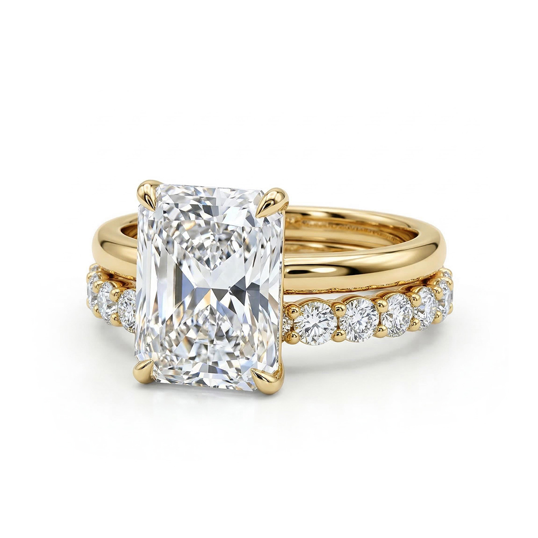 Radiant Cut Solitaire Engagement Ring with Round Cut Band Ring Set