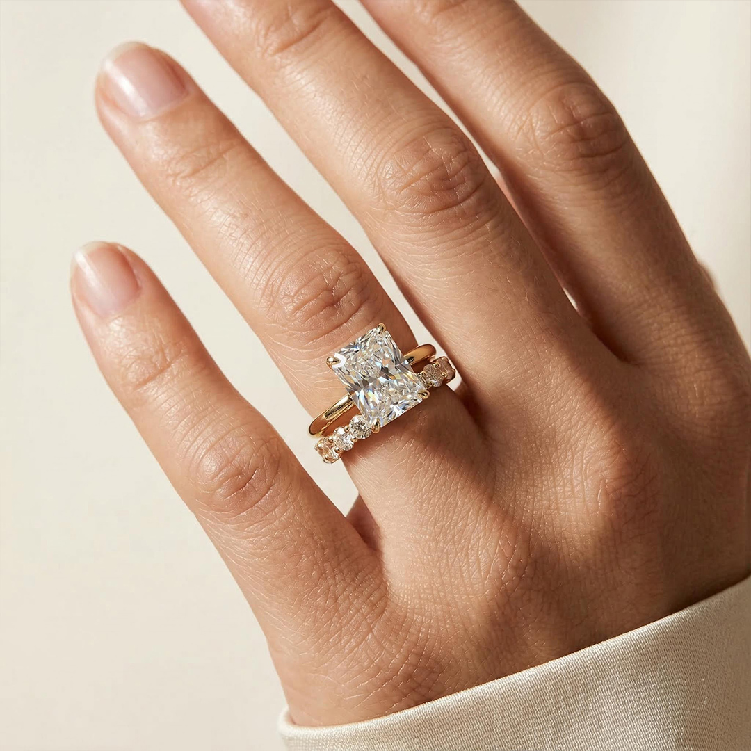 Radiant Cut Solitaire Engagement Ring with Round Cut Band Ring Set