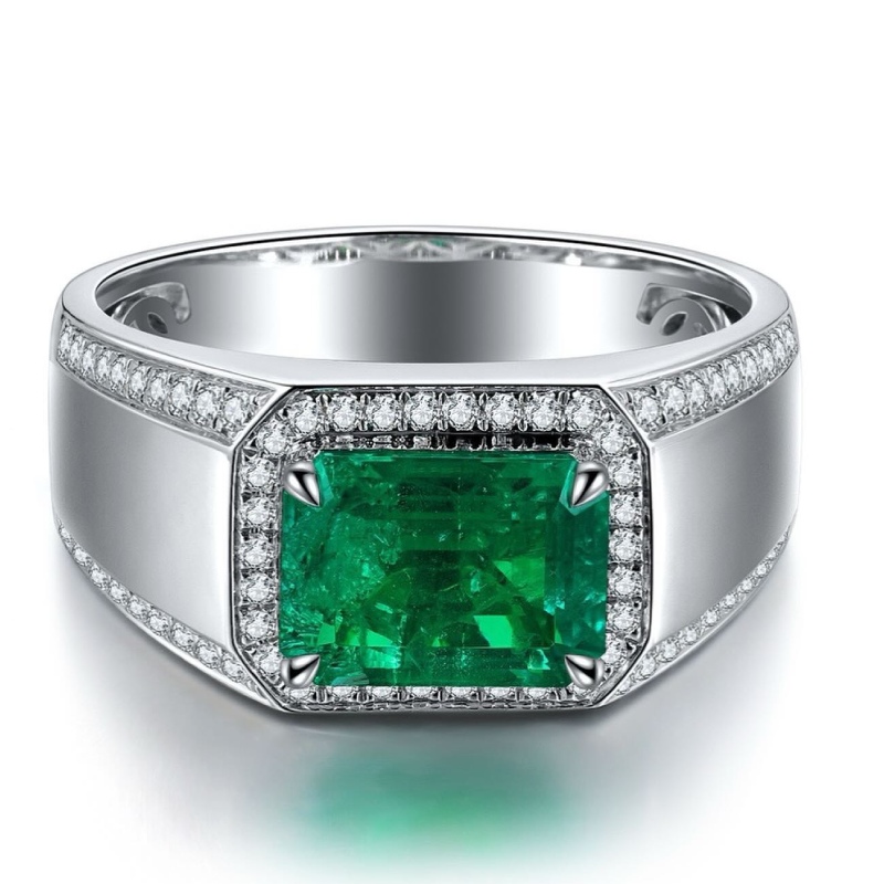 Luxury Emerald Cut Emerald Halo Men's Engagement Ring