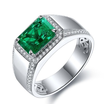 Luxury Emerald Cut Emerald Halo Men's Engagement Ring