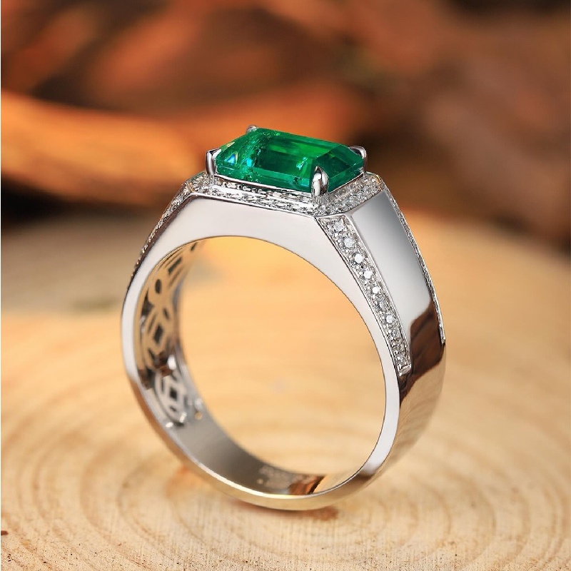 Luxury Emerald Cut Emerald Halo Men's Engagement Ring