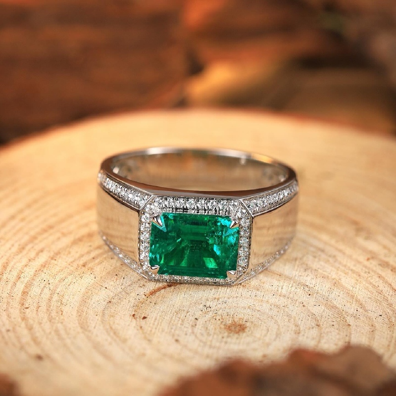 Luxury Emerald Cut Emerald Halo Men's Engagement Ring