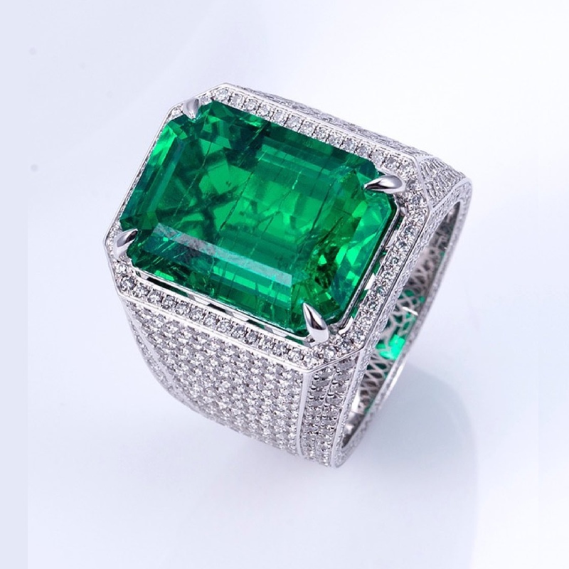 12ct Emerald Cut Emerald Pave Wide Men's Ring in Silver