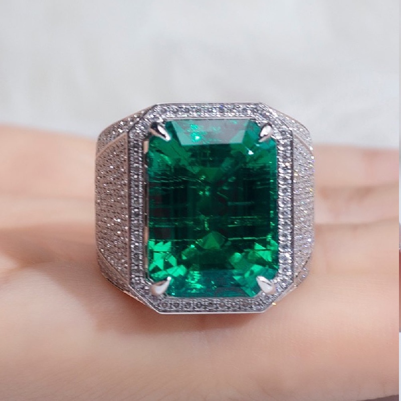 12ct Emerald Cut Emerald Pave Wide Men's Ring in Silver