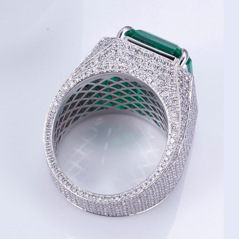 12ct Emerald Cut Emerald Pave Wide Men's Ring in Silver