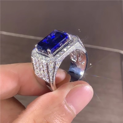 5.5ct Emerald Cut Sapphire Pave Men's Engagemenet/Anniversary Ring