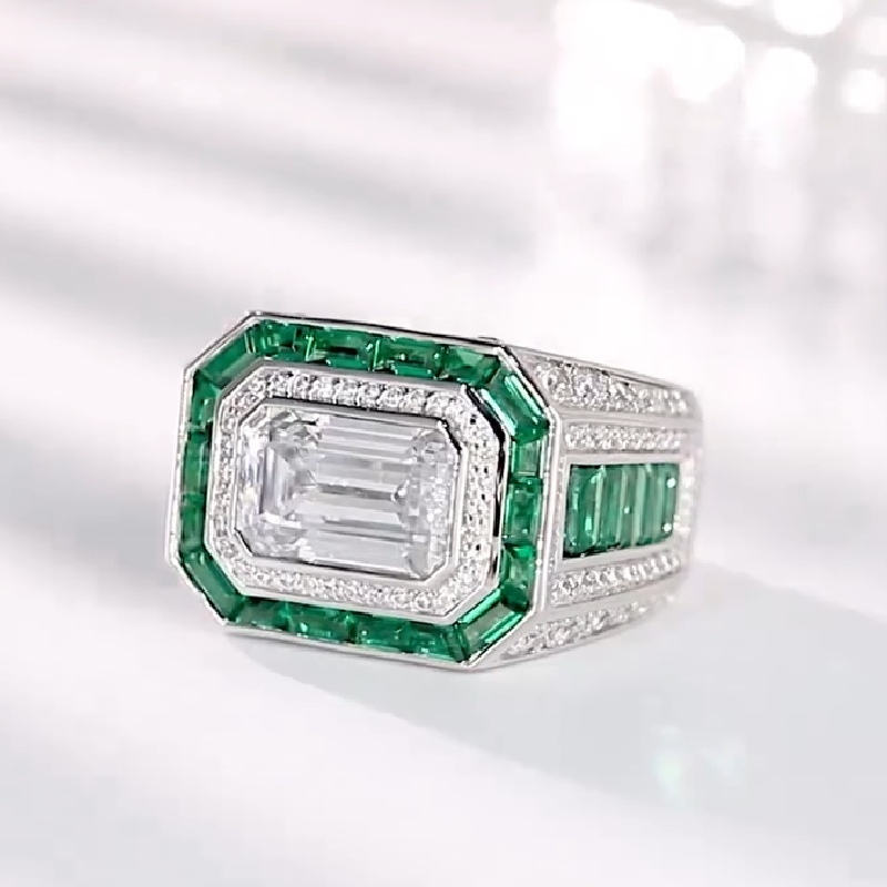 5.65ct Emerald Cut Halo Men's Ring in Silver