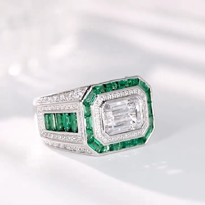 5.65ct Emerald Cut Halo Men's Ring in Silver