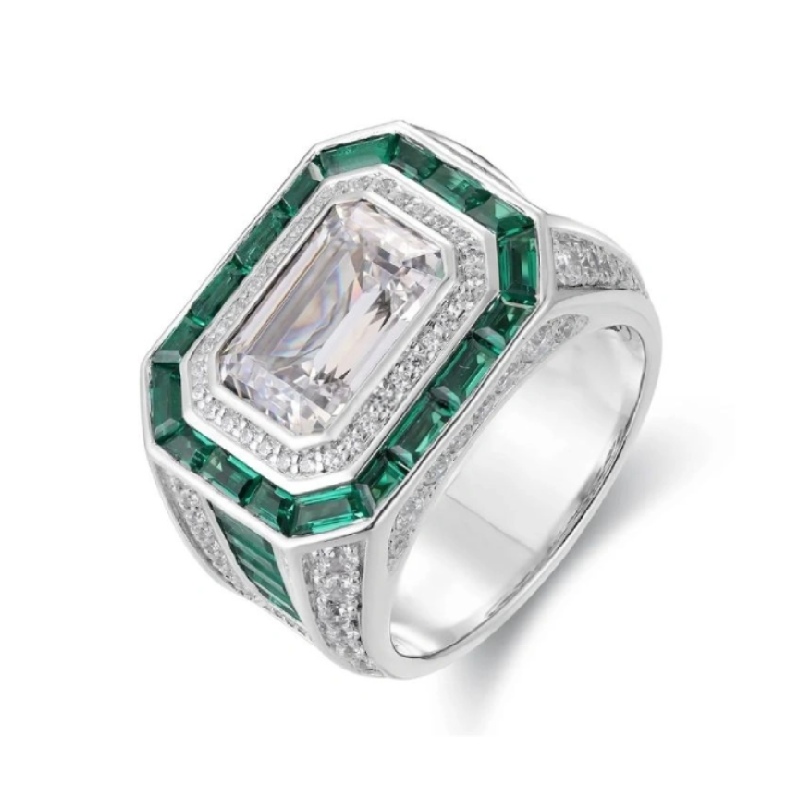 5.65ct Emerald Cut Halo Men's Ring in Silver