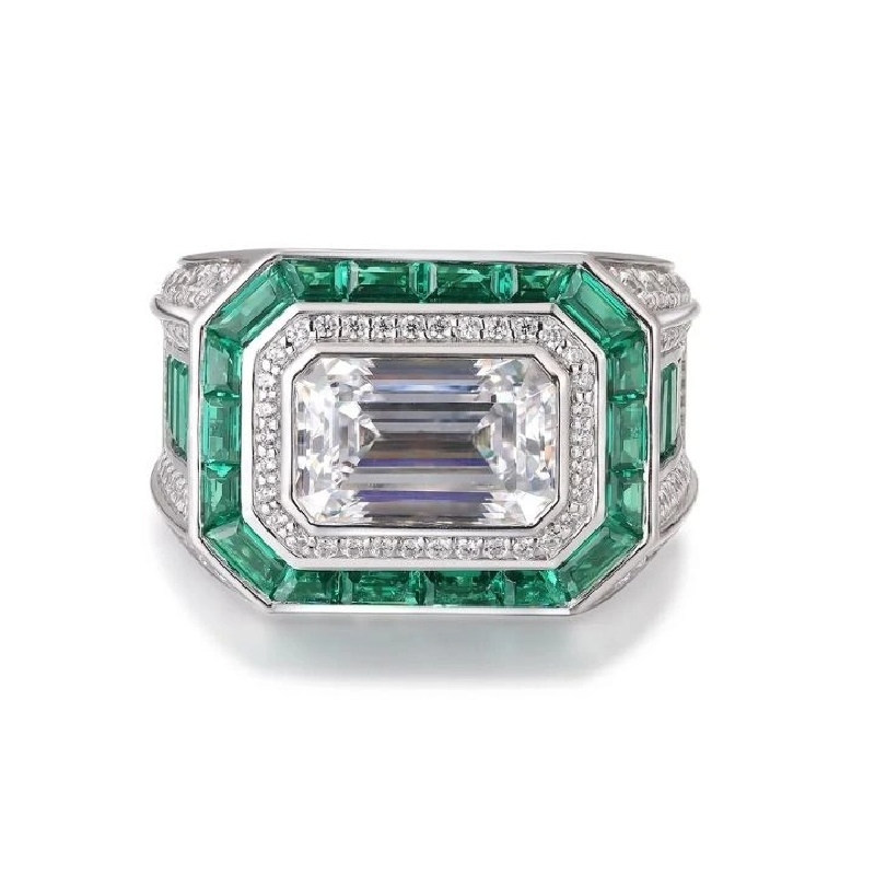 5.65ct Emerald Cut Halo Men's Ring in Silver