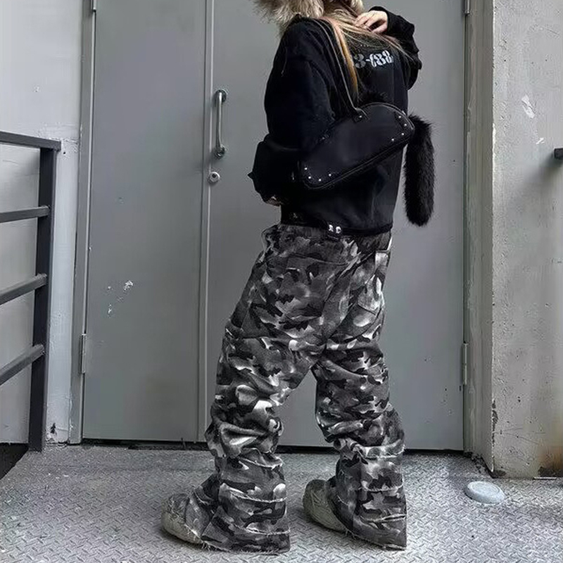 Camouflage Double Waistband Stacked Casual Pants