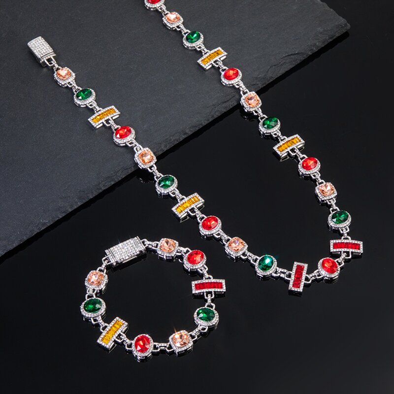 Colorful Diamonds Baguette Cut Necklace & Bracelet Set