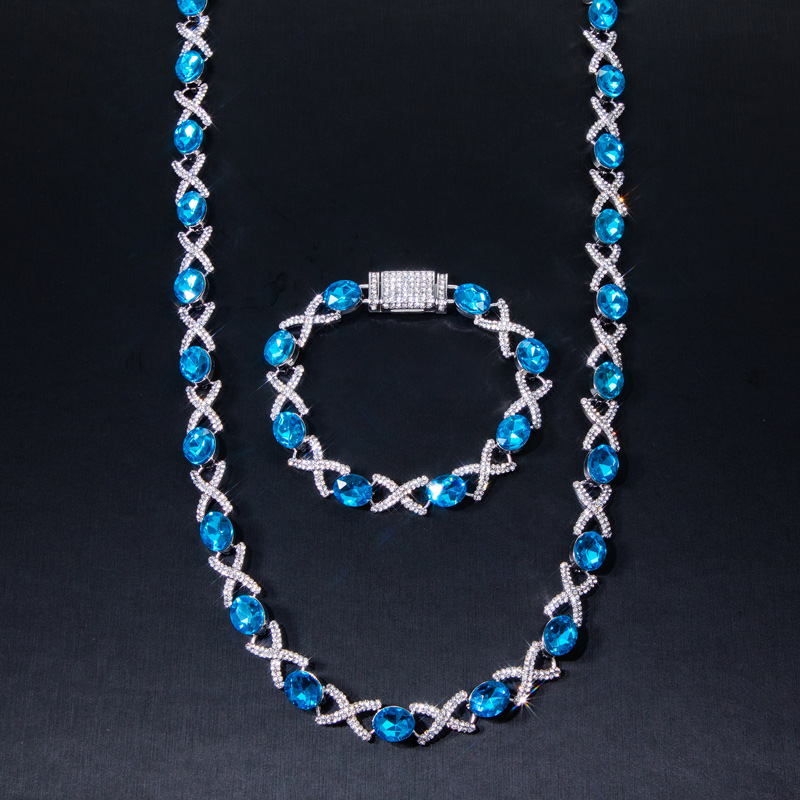 Oval Cut Blue Diamonds Iced Infinity Sign Necklace & Bracelet Set