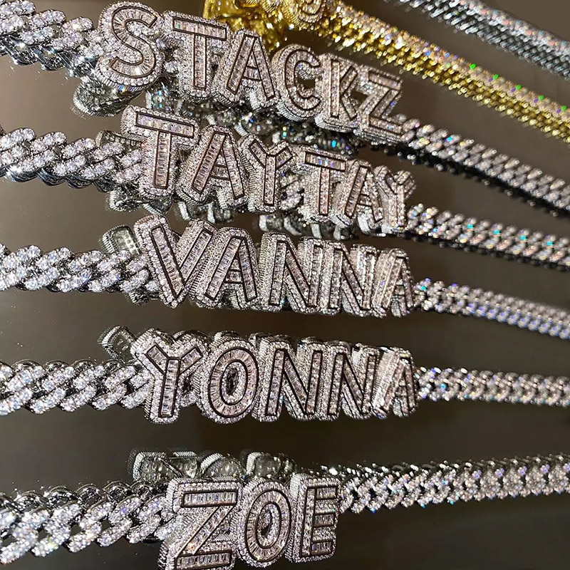 Iced Out 8mm Cuban Custom Baguette Letters Name Necklace - Helloice