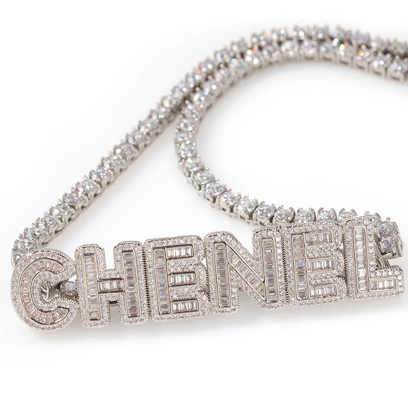 Iced Out 4mm Tennis Custom Baguette Letters Name Necklace