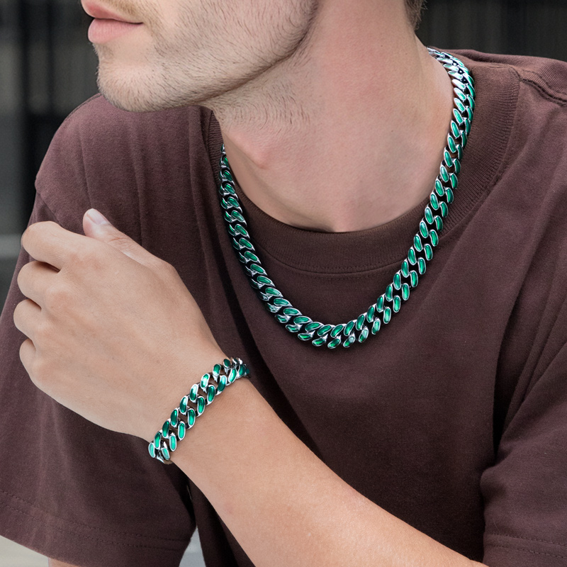 13mm Emerald Iced Enamel Miami Cuban Chain&Bracelet Set