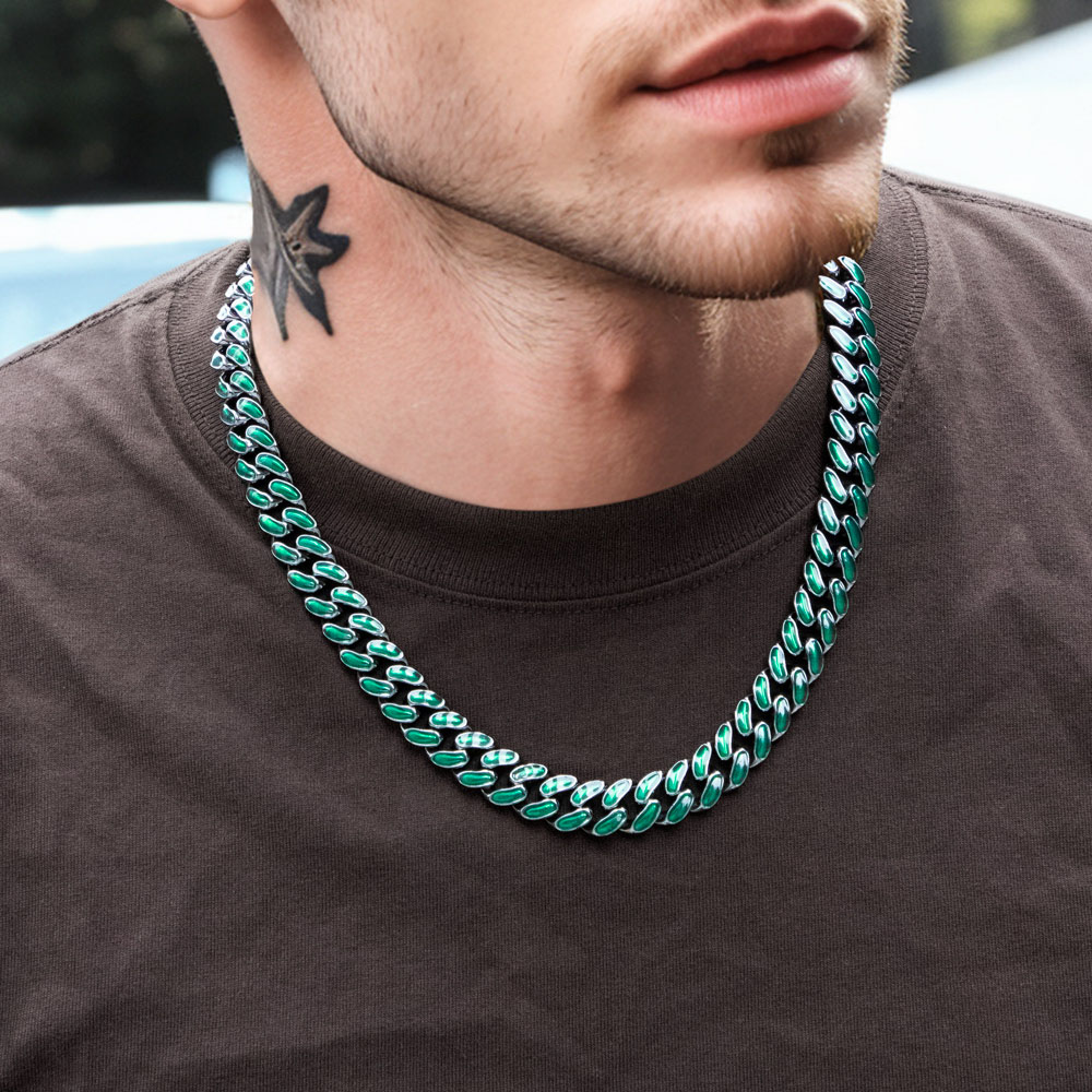 13mm Emerald Iced Enamel Miami Cuban Chain&Bracelet Set