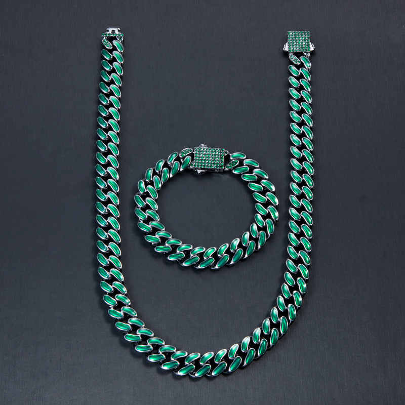 13mm Emerald Iced Enamel Miami Cuban Chain&Bracelet Set