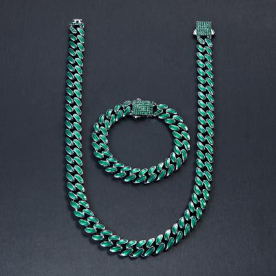 13mm Emerald Iced Enamel Miami Cuban Chain&Bracelet Set