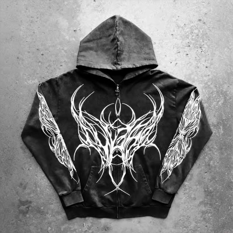 Y2K Dark Gothic Print Zip Hoodie