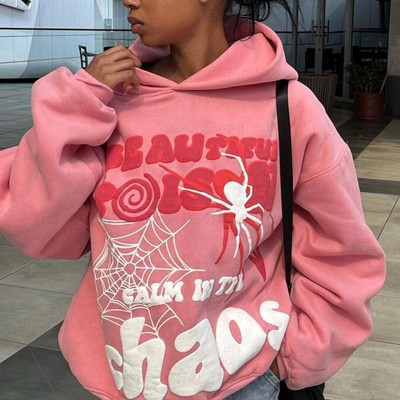 Hip Hop Alphabet Spiderweb Foam Print Hoodie