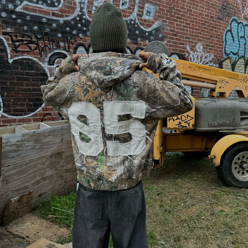 Vintage Camouflage Letter Zip Hoodie