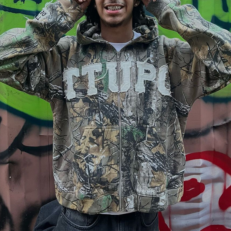 Vintage Camouflage Letter Zip Hoodie