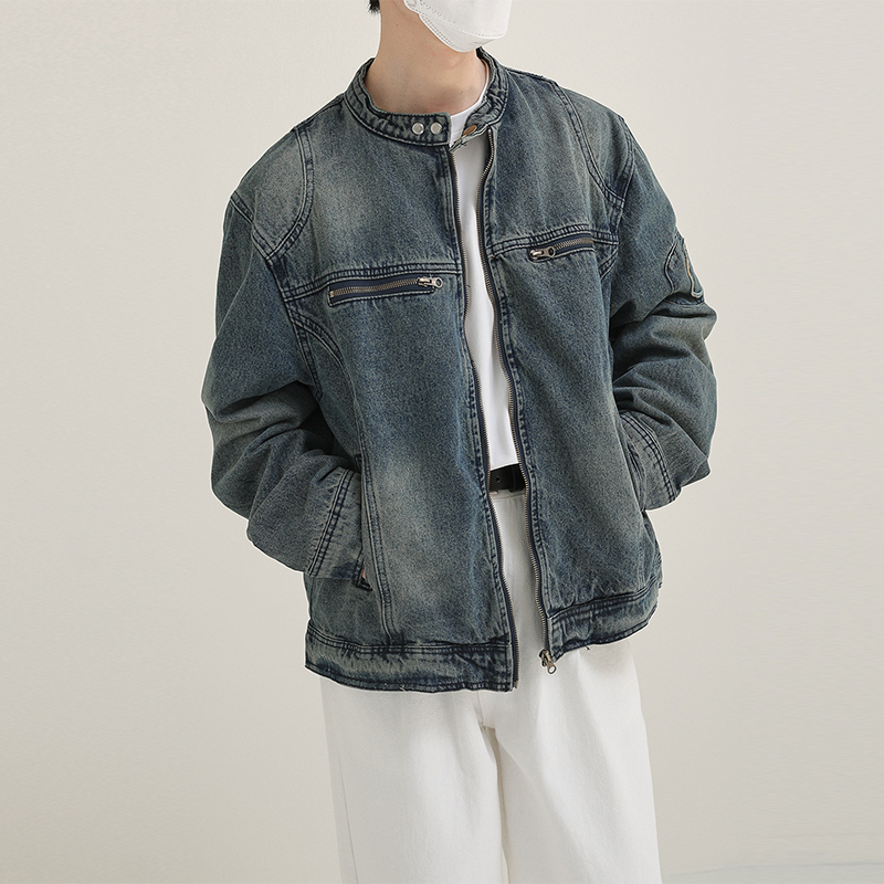 Washed Workwear Stand-Up Denim Jacket