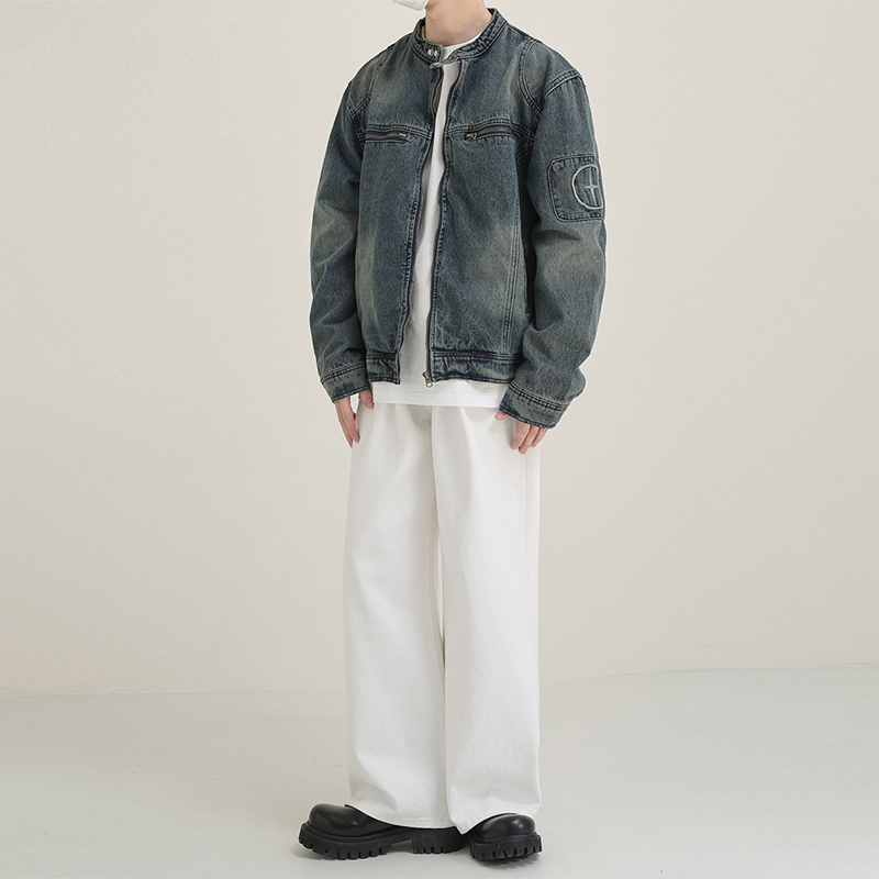 Washed Workwear Stand-Up Denim Jacket