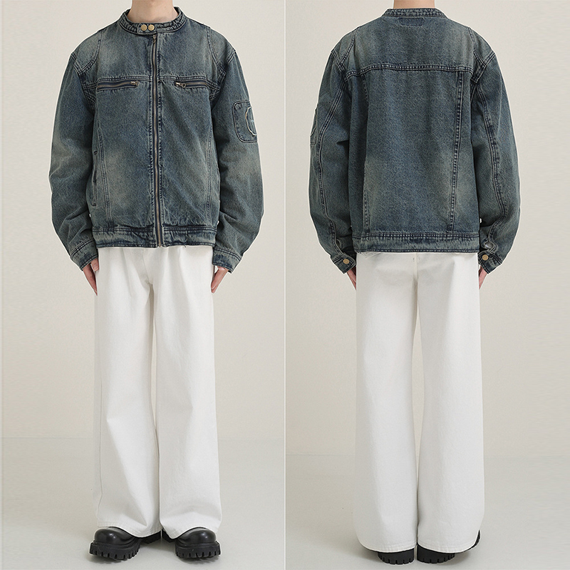 Washed Workwear Stand-Up Denim Jacket