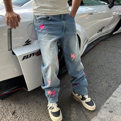 Hip Hop Patch Leather Lightning Embroidered Jeans