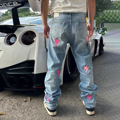 Hip Hop Patch Leather Lightning Embroidered Jeans