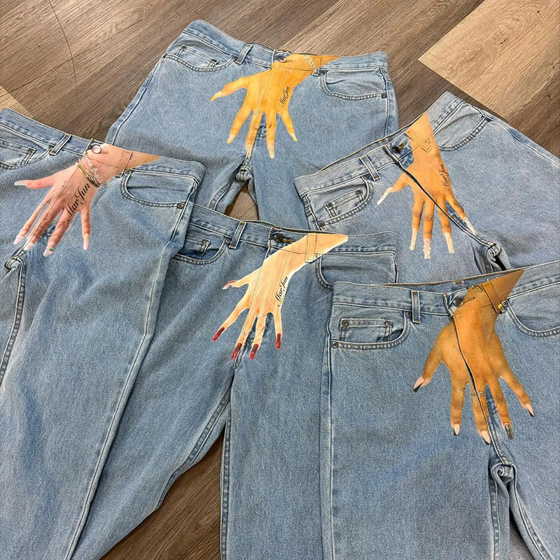 Hip Hop Quirky Diablo Style Palm Print Jeans