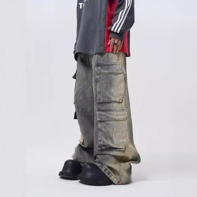 Hipster Multi Pocket Washed Wide Leg Jeans