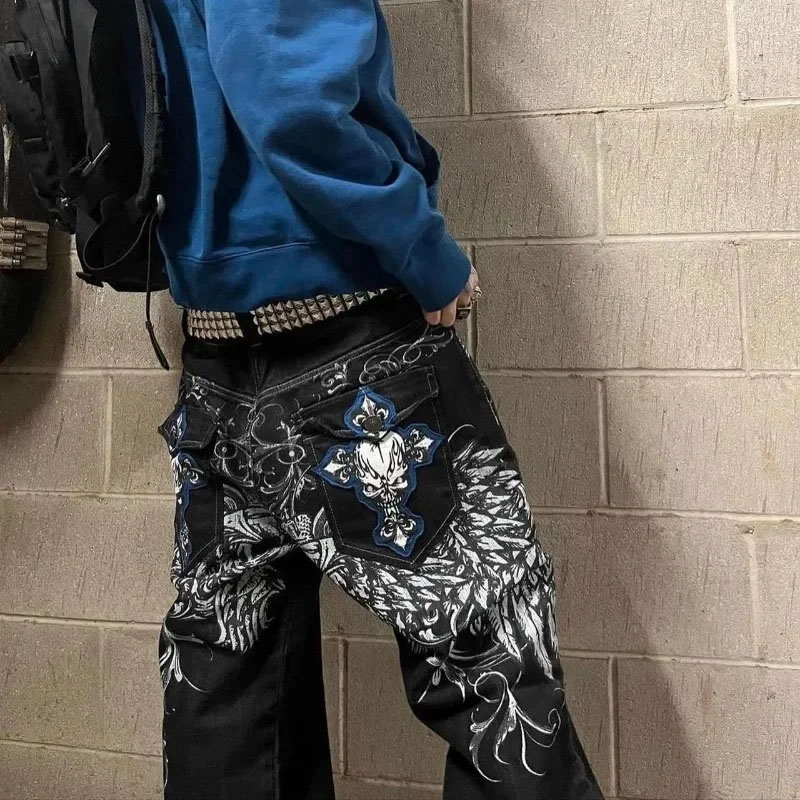 Y2K Cross Skull Pattern Jeans