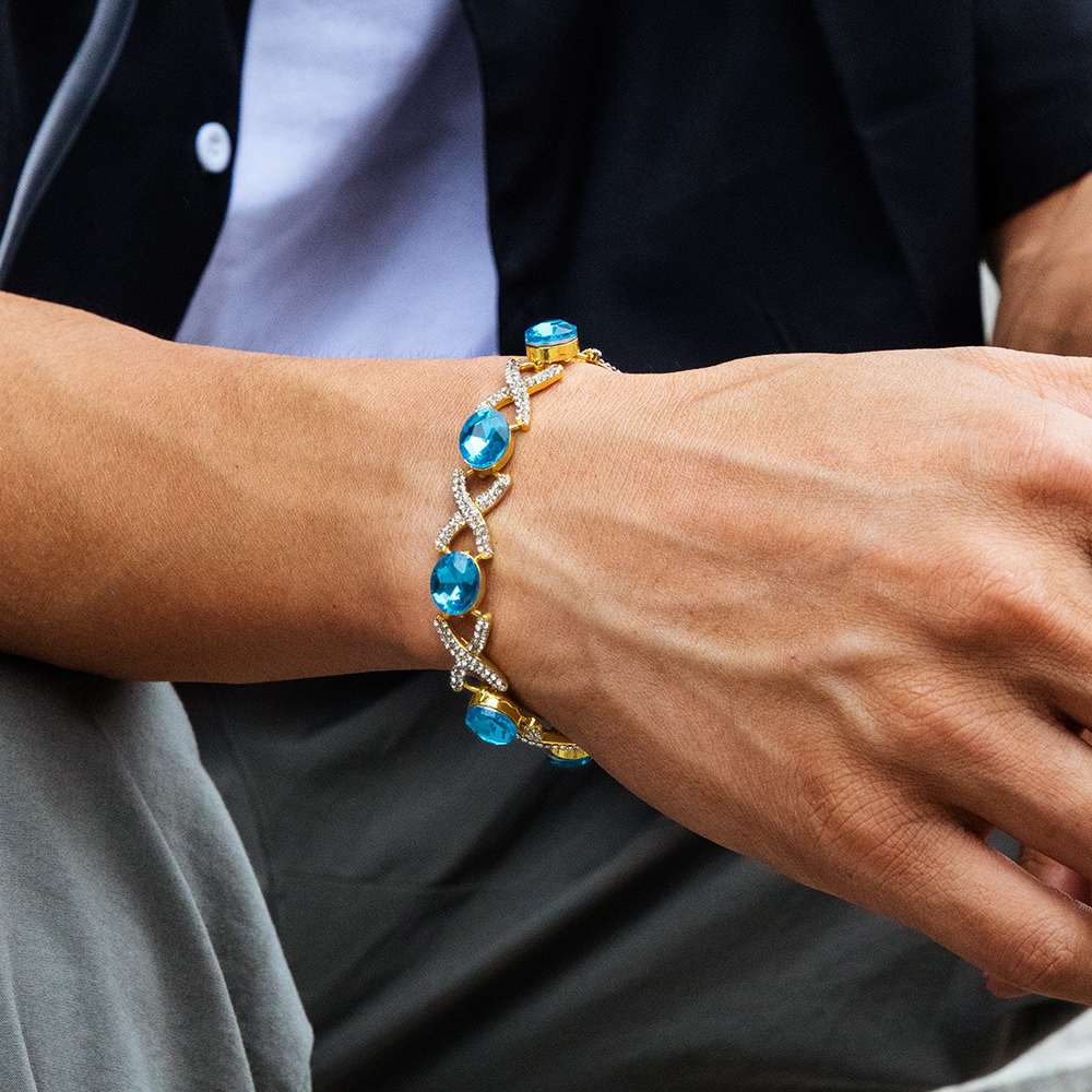 Oval Cut Blue Diamonds Iced Infinity Sign Bracelet