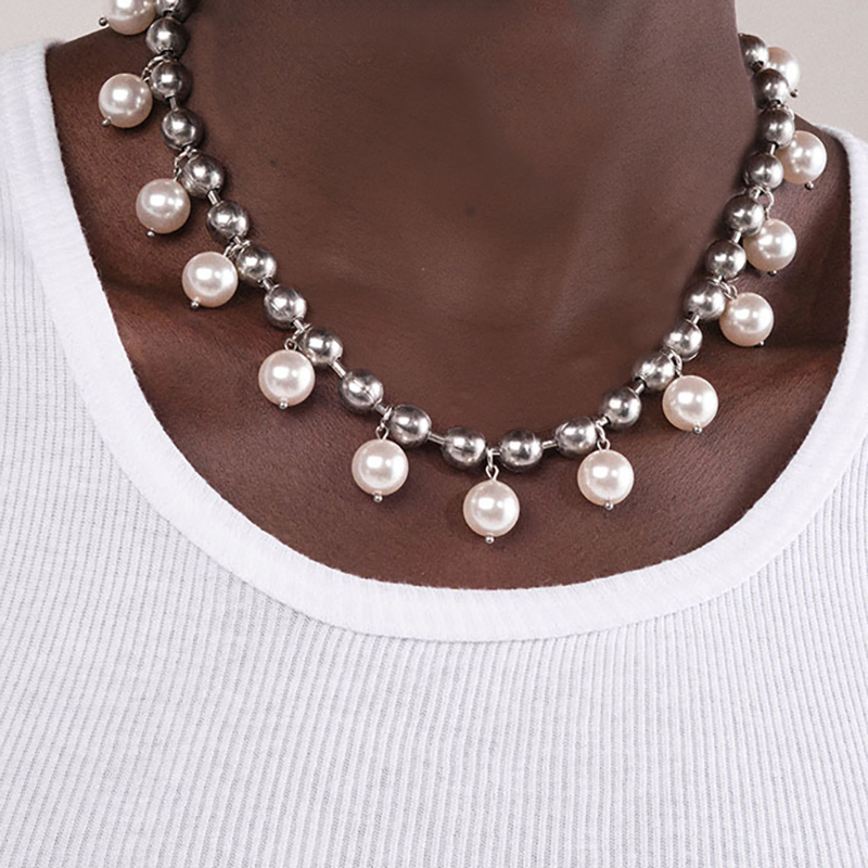 Couple Steel Beads & Pearl Necklace