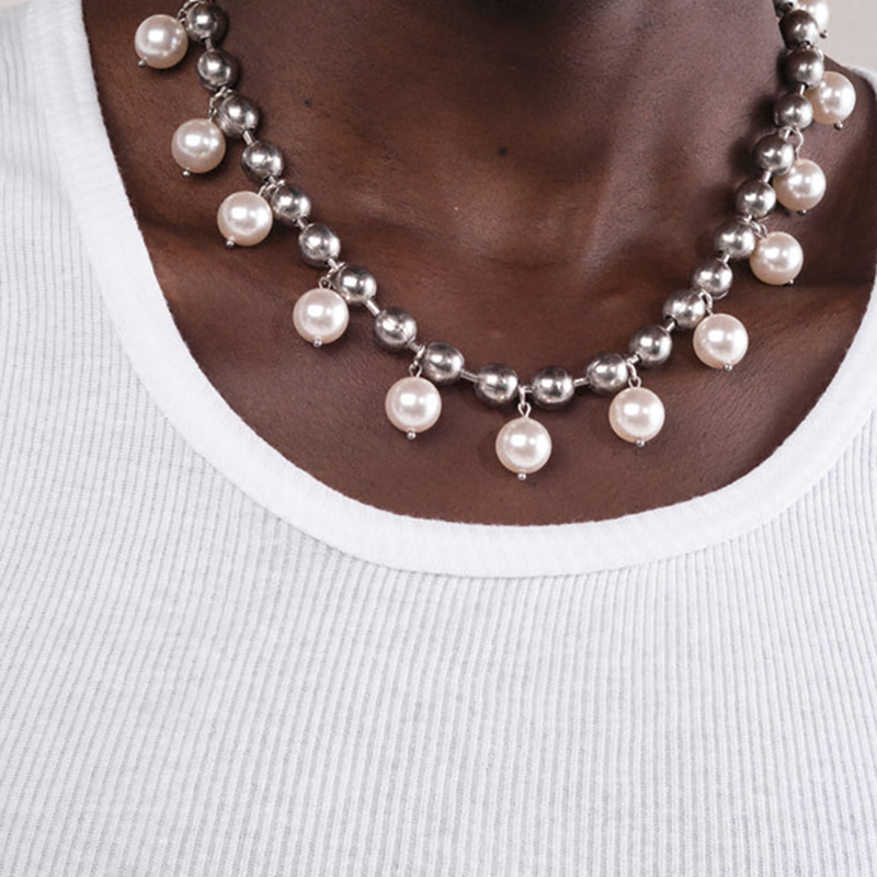 Couple Steel Beads & Pearl Necklace