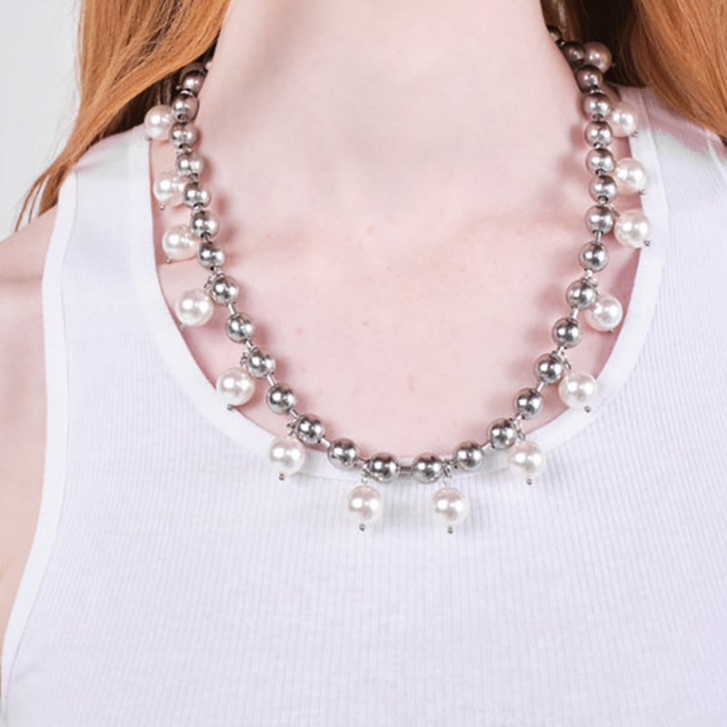 Couple Steel Beads & Pearl Necklace