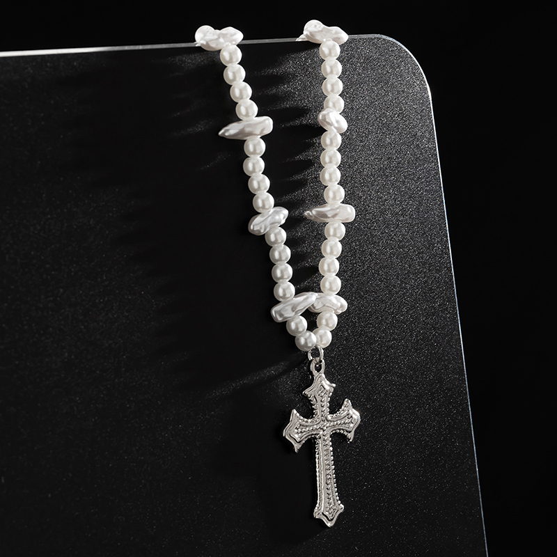 Steel Beads & Cross Pearl Necklace