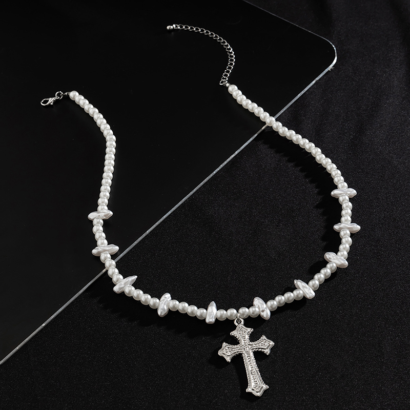 Steel Beads & Cross Pearl Necklace