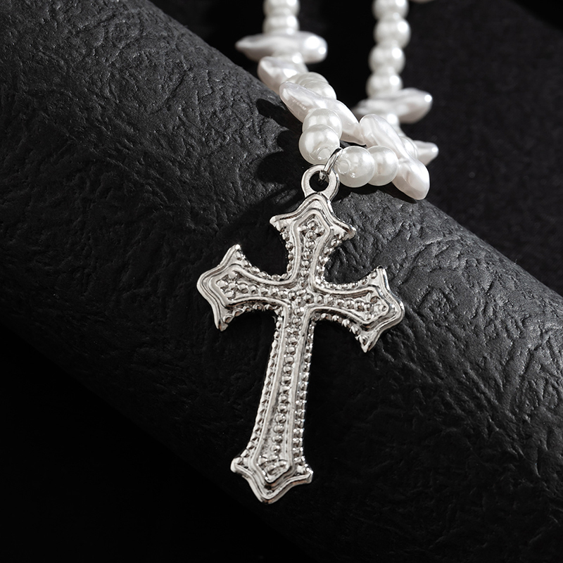 Steel Beads & Cross Pearl Necklace